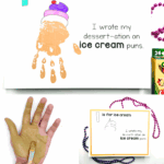 Alphabet letter I handprint craft featuring an ice cream cone made from a painted handprint with a cherry on top. Text reads "I is for ice cream" and includes a pun: "I wrote my dessert-ation on ice cream puns." Free printable activity from Homeschool of 1.