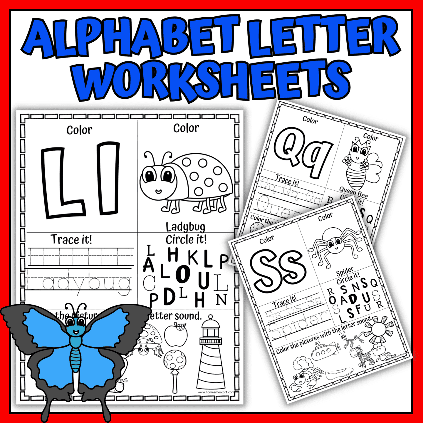 Set of insect alphabet worksheets for kids featuring letters L, Q, and S with tracing, coloring, and insect illustrations like ladybug, queen bee, and spider