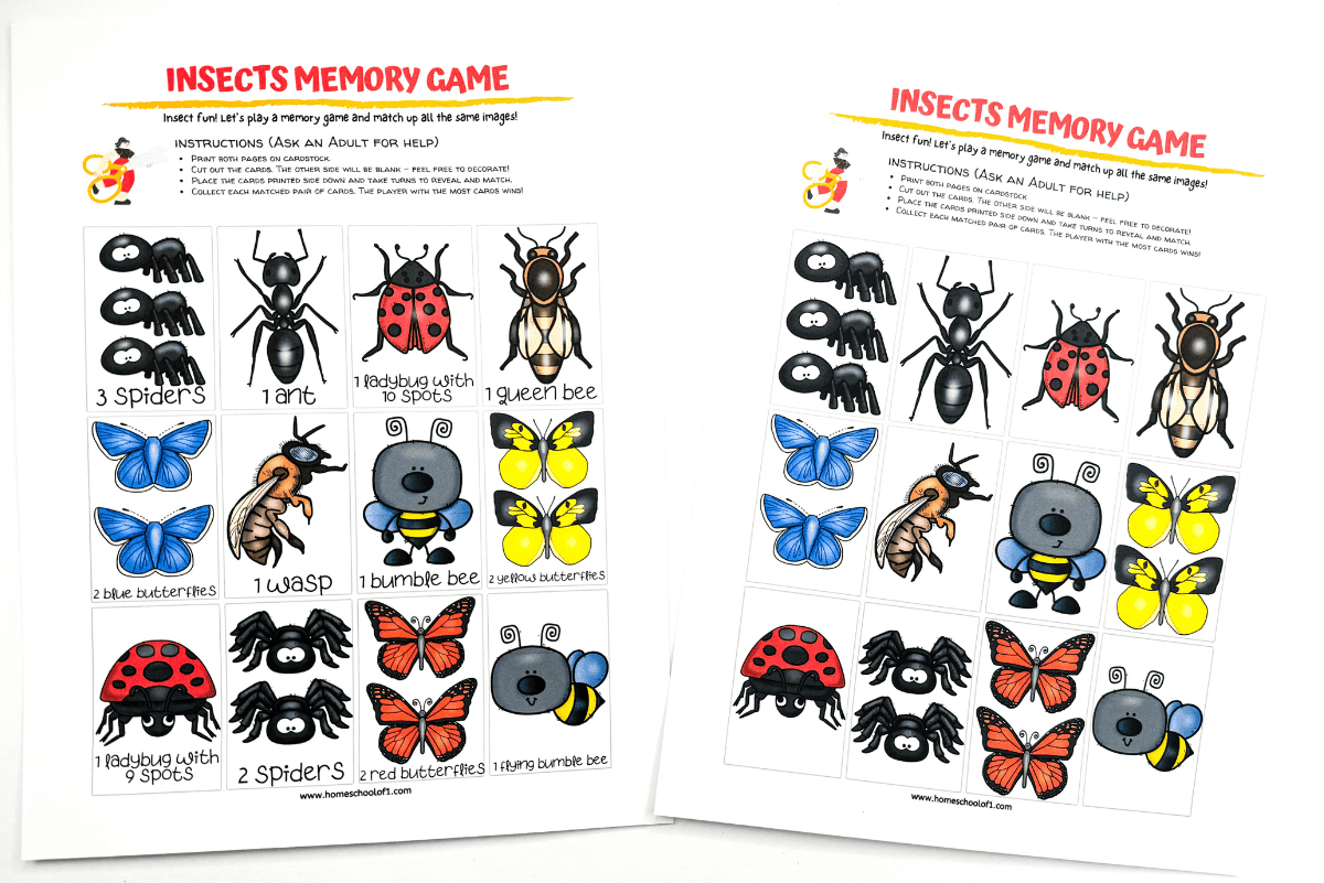 This image contains insect-themed cards and a word scramble game. It features a memory card game with cartoon illustrations of insects like bumblebees, spiders, ladybugs, and butterflies.