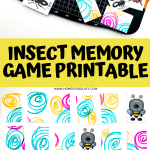 The image displays several cut-out memory cards with insect illustrations on a cutting board. The cards have drawings of various insects like bumblebees, ants, and spiders. There are also bright swirly patterns as backgrounds.