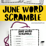 This image contains a word scramble game sheet themed around June. Words like "summer," "solstice," "vacation," and "beach" are listed, and players must unscramble the letters to complete the game.