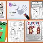 A collage of educational activities for the letter G; includes coloring pages with "G is for Ghost" and "G is for Garbage," a handprint art labeled "G is for goose," and a craft activity of a letter G turned into a goat.