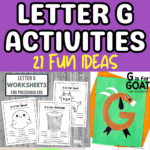 Fun letter G activity ideas for preschoolers featuring goat craft, ghost tracing worksheets, grape craft, and alphabet printables
