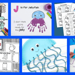 Collage of six educational activities for preschoolers focusing on the letter J, including coloring pages with 'J is for jellyfish' and 'J is for jug', a jellyfish craft with yarn tentacles, and a printable letter J book cover.