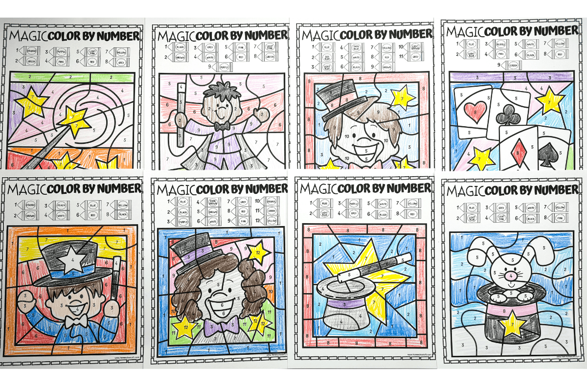 A closer view of six 'Magic Color by Number' worksheets with themes of magic and performance, including images of a wizard, a magician's hat, playing cards, and a rabbit in a hat, each vividly colored by hand following the numbered guide.