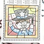 A completed "Magic Color By Number" coloring page featuring a cartoon magician wearing a tall hat with a star, a bow tie, and holding a magic wand. The coloring page includes a numbered color key with crayons labeled from 1 to 8, corresponding to colors like orange, brown, peach, white, blue, red, yellow, and black. The bottom text highlights “9 Free Magician Coloring Pages” in bold, colorful letters.