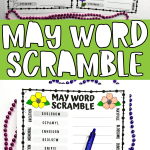 Engaging May Word Scramble sheets with jumbled words and floral accents to celebrate spring, accompanied by purple beads and a sand timer