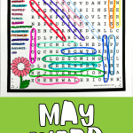 Completed May Word Search featuring highlighted words such as 'blossom', 'sunshine', and 'growth' within a puzzle, framed by a yellow flower and a pink gerbera, ideal for the keyword 'May Word Search Printable