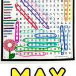 Bright and colorful May-themed word search puzzle with 20 spring-related words such as "blossom," "greenery," and "vibrant" already found and circled in various colors. The page features playful fonts, a yellow flower at the top, and a pink flower at the bottom, with the bold text "MAY WORD SEARCH FREE PRINTABLE" below.