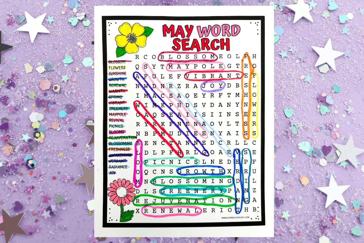 A vibrant May Word Search puzzle with several words circled in different colors, accentuated by a backdrop of colorful confetti and paper stars