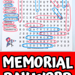 completed memorial day word search completed in red and blue pens finding words like patriotic, brave, sacrifice, fallen and more. with the words memorial day word search free printable at the bottom.