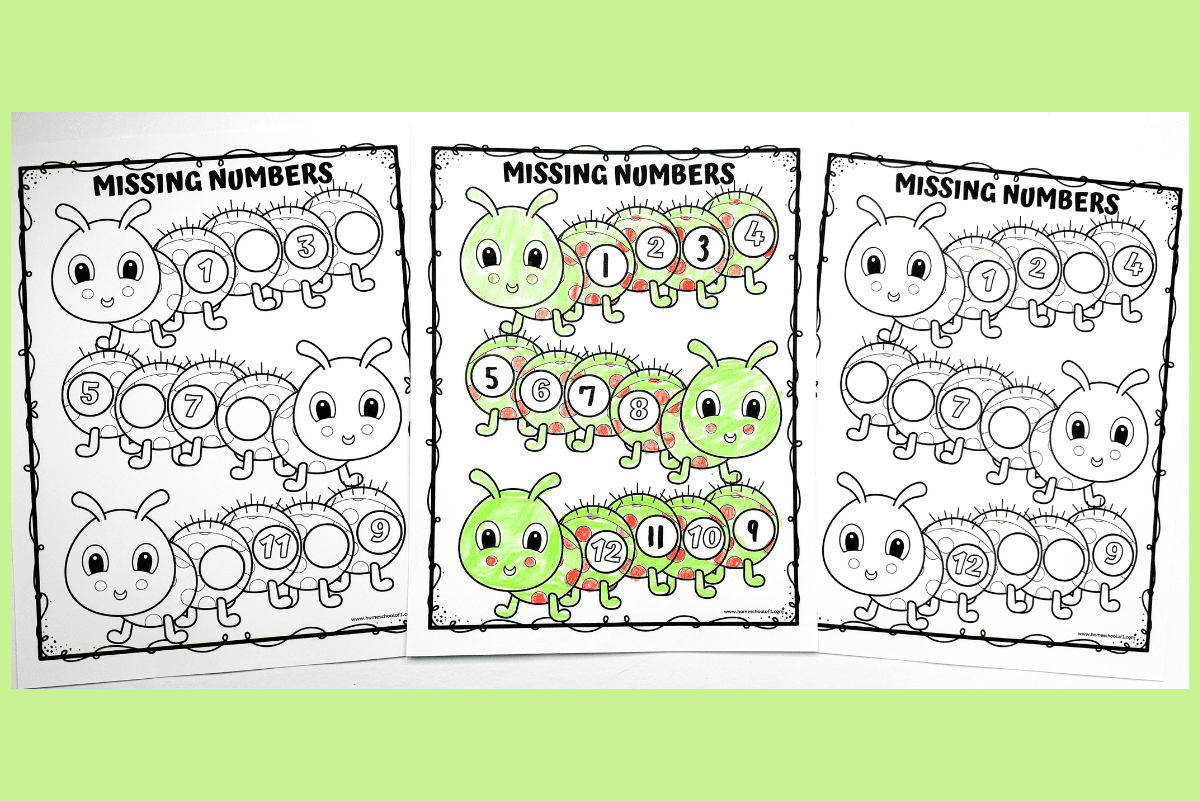 Three worksheets titled 'Missing Numbers' feature cute caterpillars with numbered segments. Each worksheet has sections where kids fill in missing numbers to help teach counting and number sequence, colored in green and red.