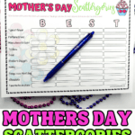 Close-up of a “BEST” themed Mother’s Day Scattergories game board with a blue pen placed diagonally. The game board includes categories such as “Type of flower,” “Mom’s favorite color,” and “Favorite house chore,” and is surrounded by colorful beads and a sand timer. Text at the bottom promotes “MOTHERS DAY SCATTERGORIES – 4 FREE BOARDS.”