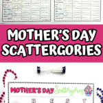 Four printable Mother's Day Scattergories game boards labeled with the words “LOVE,” “BEST,” “WISE,” and “KIND.” Each board has categories like “Type of flower,” “Perfume brand,” “Mom’s favorite color,” and more, with empty spaces to write answers that start with each letter in the themed word.