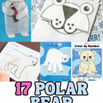 Collage of 17 printable polar bear activities for kids, featuring cotton ball crafts, paper bag puppets, a color-by-number worksheet, and winter-themed polar bear art projects.