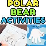 Vertical Pinterest collage of polar bear worksheets and crafts for preschoolers, including a parts of a polar bear labeling page, cotton ball craft, tracing worksheets, and a paper bag puppet.