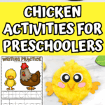A bright collage of preschool chicken activities including chicken tracing, chick crafts, labeling worksheets, a chicken life cycle wheel, and playdough projects on colorful backgrounds.