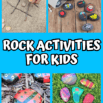 Painted rock activities for preschoolers including clocks, ladybugs, story stones, and rainbow sensory crafts.