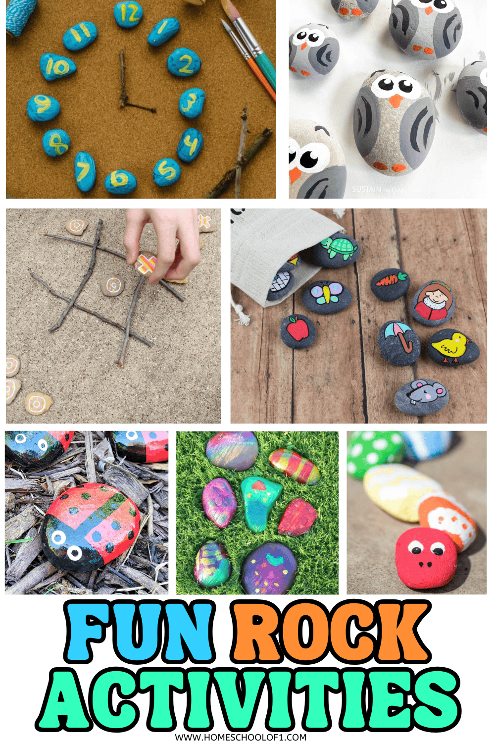 Fun rock activities for preschoolers with educational crafts like painted clocks, ladybugs, story stones, and color matching.