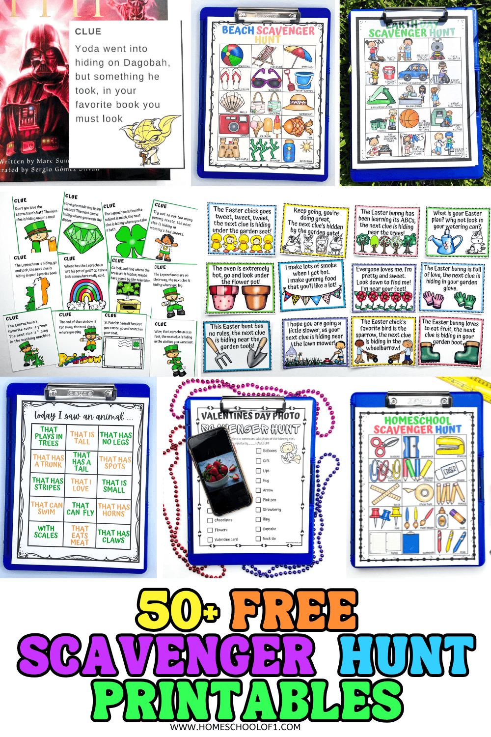 Collection of free printable scavenger hunts for kids including beach, homeschool, animal, and holiday-themed activities.

