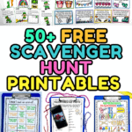 Over 50 free scavenger hunt printables for kids featuring seasonal, holiday, photo, and themed learning checklists.