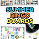 Colorful summer bingo printable featuring six unique bingo boards and a calling card grid, each decorated with beach-themed icons like sunglasses, ice cream, sun hats, and sandcastles. Perfect as a beach bingo cards set for classroom or party fun.