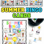 This summer bingo printable includes multiple illustrated cards with items like beach balls, flip-flops, sunscreen, and ice lollies, making it a fun and engaging summer activity for kids. Includes separate calling cards for easy play.