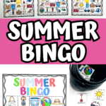 Printable summer bingo game set with vibrant visuals including ice cream cones, sun lotion, seashells, and deck chairs. Designed as a kid-friendly summer activity for learning or party play, ideal for use as beach bingo cards.
