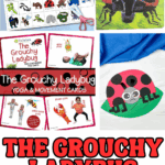 Grouchy Ladybug activities including a sequencing worksheet, yoga and movement cards, book cover, and paper ladybug craft for kids.