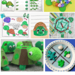 Bright collage showcasing turtle crafts and learning activities for preschoolers, such as a tissue paper turtle, printable worksheets, a life cycle poster, and a turtle tic-tac-toe game made with modeling clay.