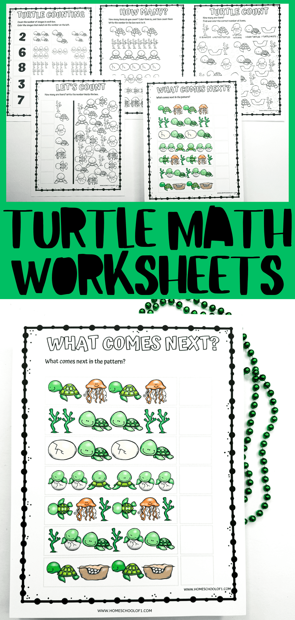 Collage of educational turtle-themed worksheets for counting, matching, and pattern recognition activities, presented with a box of crayons and decorative beads.