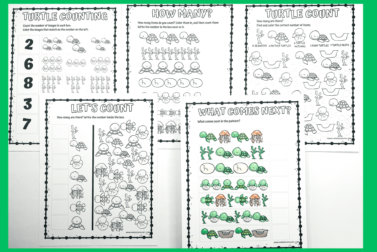 Collection of turtle-themed math worksheets titled 'TURTLE MATH WORKSHEETS,' featuring activities for counting and pattern completion, decorated with green beads and placed alongside Crayola crayons.