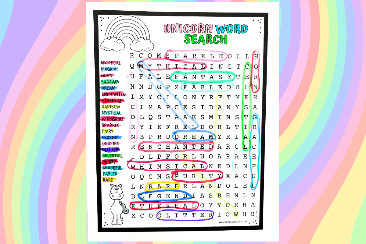 Colorful Unicorn-themed word search printable with words like 'Mythical', 'Enchanted', and 'Sparkle' circled in various colors, beside a cartoon unicorn under a rainbow, on a pastel-striped background.