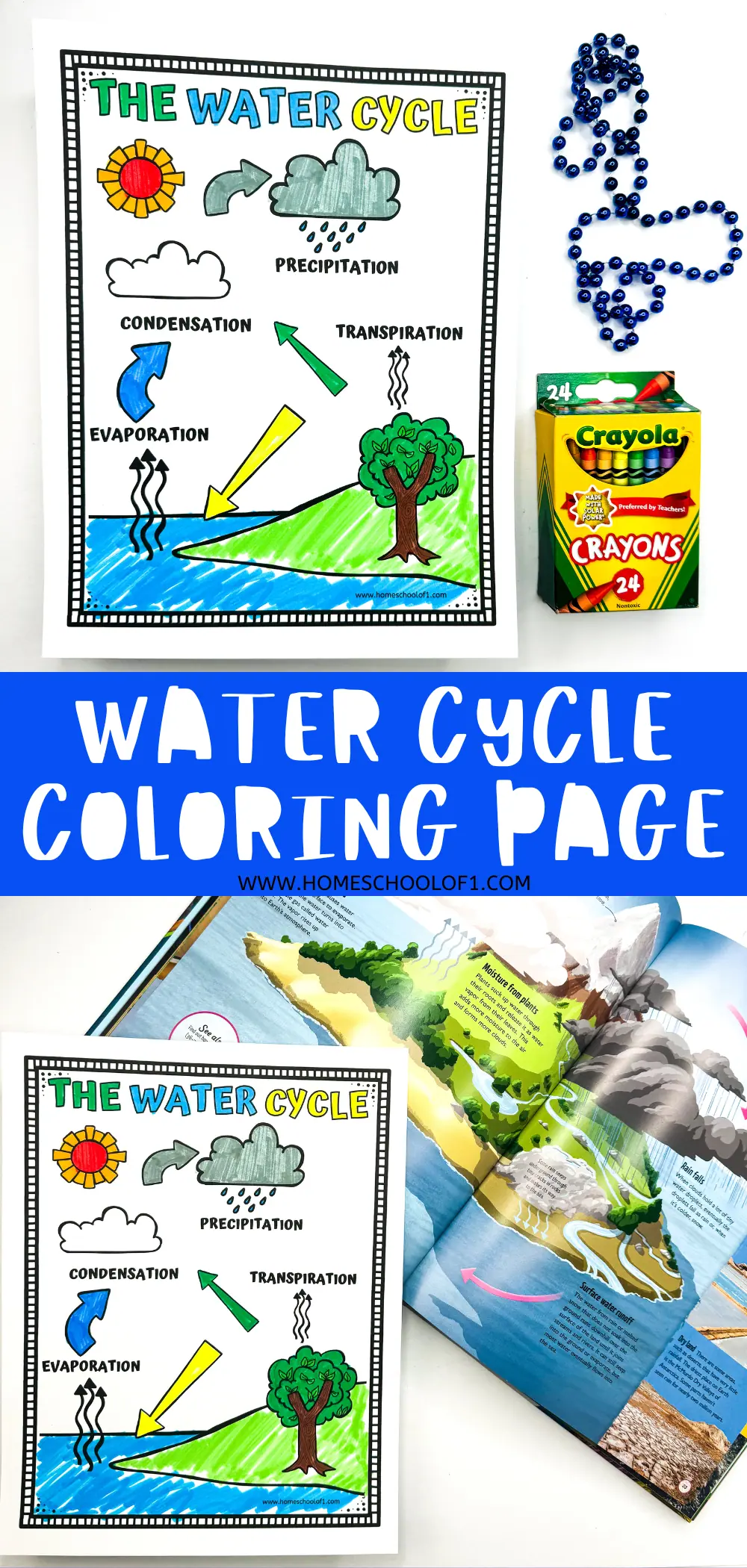 An educational 'Water Cycle Coloring Page' depicting the stages of condensation, precipitation, transpiration, and evaporation, colored in by crayons, next to Crayola box and blue beads arranged in a water droplet shape