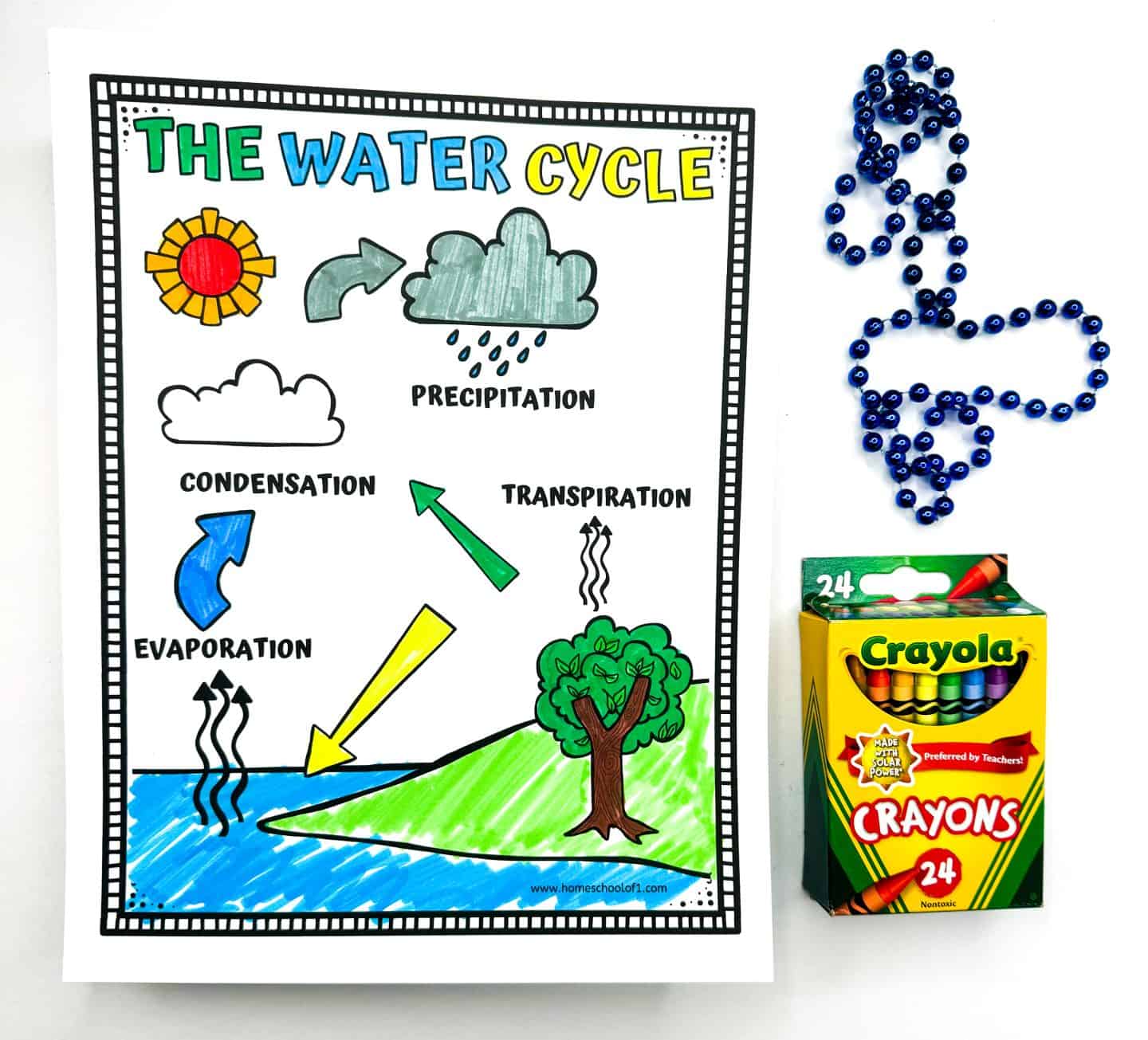 Printable 'Water Cycle Coloring Page' with vivid colors, alongside Crayola crayons and blue beads, perfect for hands-on learning about precipitation and evaporation.