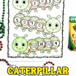 Free caterpillar counting worksheet for preschool featuring numbers 1โ12 with a cute green caterpillar design and crayons.