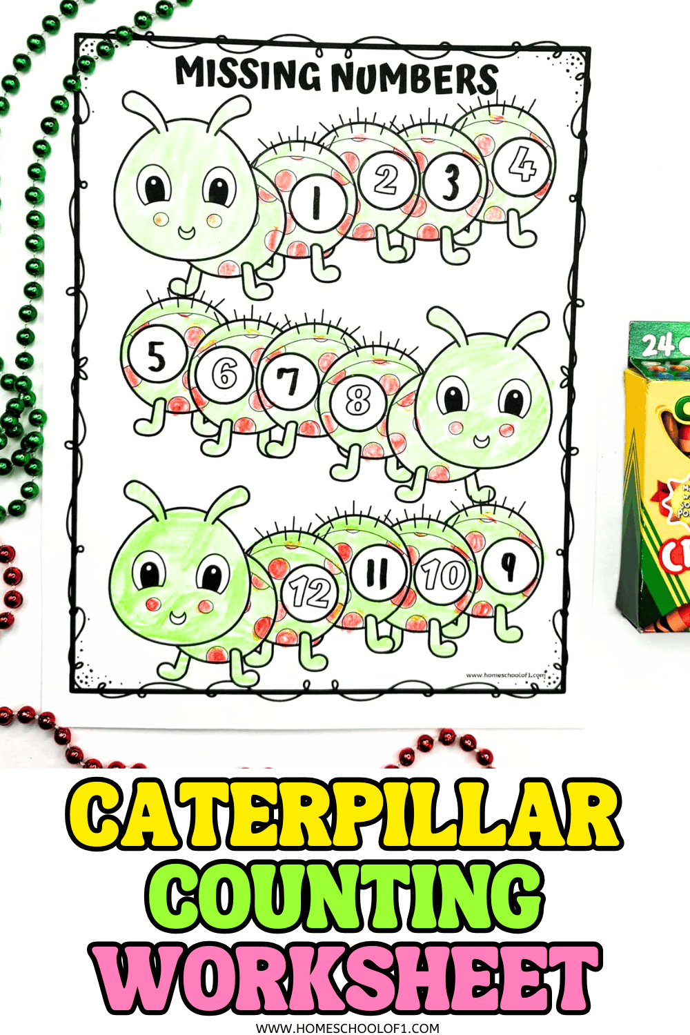 Free caterpillar counting worksheet for preschool featuring numbers 1โ12 with a cute green caterpillar design and crayons.