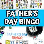 A collage of several printable Father’s Day bingo cards and calling cards, each featuring kid-friendly icons like gifts, mugs, ties, and the words “GRANDPA,” “DAD,” and “FREE SPACE.” The center of the image highlights “FATHER’S DAY BINGO” in bold, playful letters on a blue background.