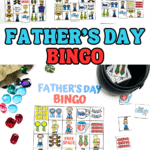 Father’s Day bingo game laid out on a white surface with colorful plastic gems and a black cauldron holding game pieces. The bingo card includes fun images like “UNCLE,” a trophy, mustaches, and kids holding “Happy Father’s Day” signs. Large text across the image says “FATHER’S DAY BINGO.”