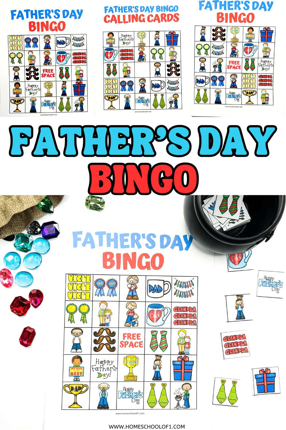 Father’s Day bingo game laid out on a white surface with colorful plastic gems and a black cauldron holding game pieces. The bingo card includes fun images like “UNCLE,” a trophy, mustaches, and kids holding “Happy Father’s Day” signs. Large text across the image says “FATHER’S DAY BINGO.”

