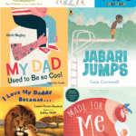 A colorful grid of children’s book covers including “Guess How Much I Love You,” “We’re Going on a Bear Hunt,” “The Daddy Book,” “My Dad Used to Be So Cool,” “Jabari Jumps,” “I Love My Daddy Because…,” and “Made for Me.” Title overlay at the bottom says “Best Father’s Day Books for Kids” in multicolored block lettering.