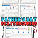Collage image promoting a free printable Father’s Day Scattergories game with four different letter-themed boards and the words “FREE FATHER’S DAY SCATTERGORIES” in bold red and blue text. A “LOVE” game board is shown up close with a pen and red and blue beaded necklaces around it.