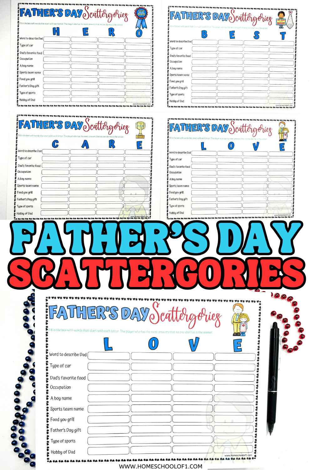 Collage image promoting a free printable Father’s Day Scattergories game with four different letter-themed boards and the words “FREE FATHER’S DAY SCATTERGORIES” in bold red and blue text. A “LOVE” game board is shown up close with a pen and red and blue beaded necklaces around it.