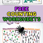 Variety of free counting worksheets for kids including Halloween, reindeer, butterfly, turtle, and ladybug themes, displayed with small props and crayons.