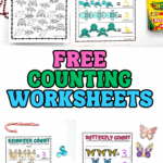 Ladybug, turtle, reindeer, and butterfly counting worksheets for kids shown colored and uncolored, surrounded by crayons, beads, and small toys.