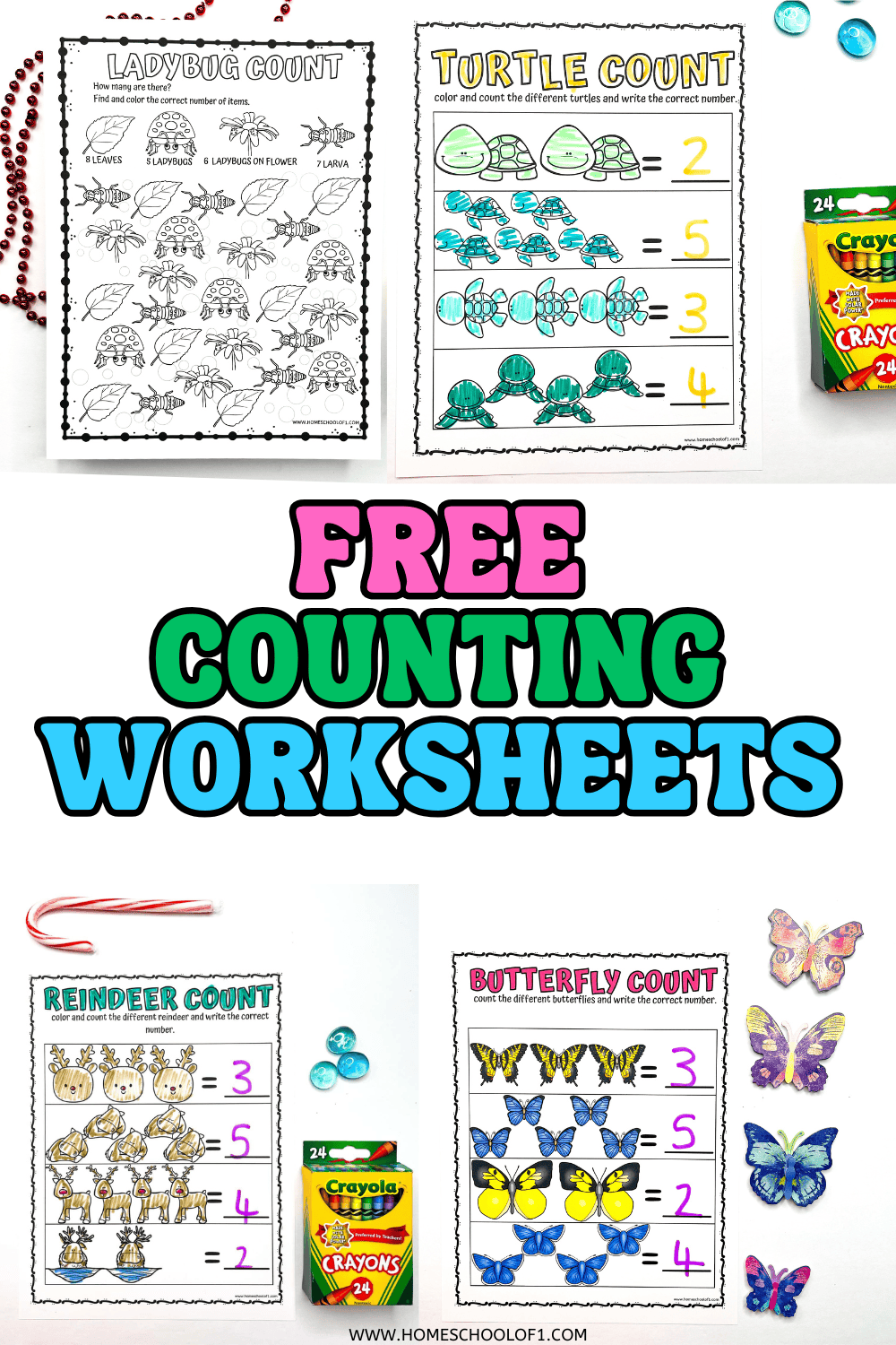 Ladybug, turtle, reindeer, and butterfly counting worksheets for kids shown colored and uncolored, surrounded by crayons, beads, and small toys.

