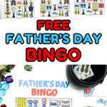 A colorful set of printable Father's Day bingo cards and calling cards featuring illustrations like trophies, ties, mugs, and messages such as “Happy Father’s Day,” “DAD,” and “FREE SPACE.” Bold text in the center reads “FREE FATHER’S DAY BINGO” in red and blue.
