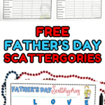 Printable Father’s Day Scattergories game featuring four themed boards labeled “HERO,” “BEST,” “CARE,” and “LOVE.” Each board has columns with prompts like “Word to describe Dad,” “Type of car,” “Dad’s favorite food,” “Sports team name,” and “Hobby of Dad.”
