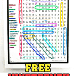 Colorful Juneteenth word search puzzle with words like "freedom," "liberty," "unity," "jubilee," "hope," and more circled in various bright colors. Bold title reads “Juneteenth Word Search” and text at the bottom says “Free Juneteenth Word Search” in large red, green, and yellow letters.