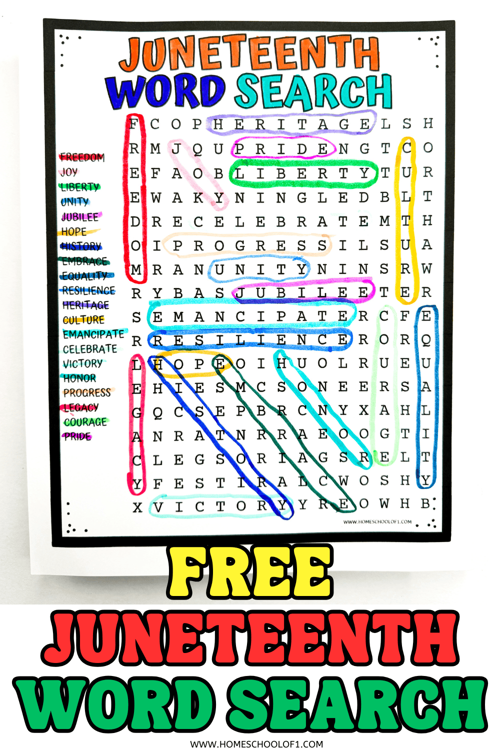 Colorful Juneteenth word search puzzle with words like "freedom," "liberty," "unity," "jubilee," "hope," and more circled in various bright colors. Bold title reads “Juneteenth Word Search” and text at the bottom says “Free Juneteenth Word Search” in large red, green, and yellow letters.